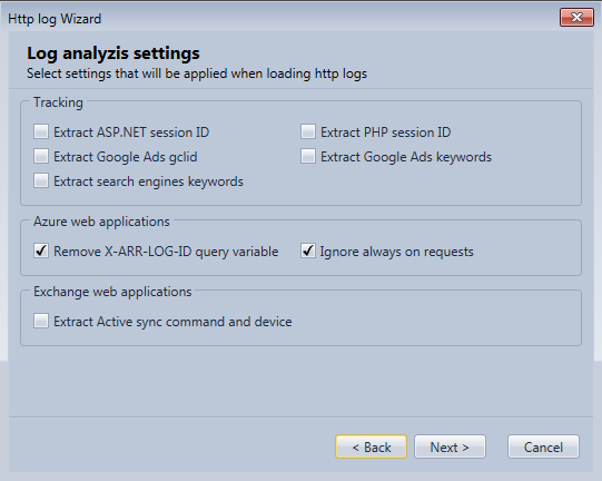 Specify settings to use when loading log files in the Http Log Browser